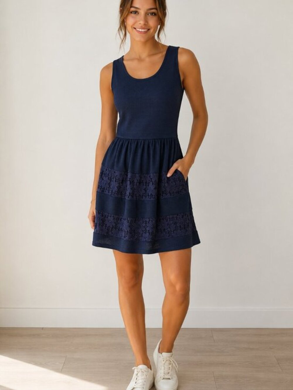 Navy Fit & Flare A-Line Lace Sleeveless holiday dress
